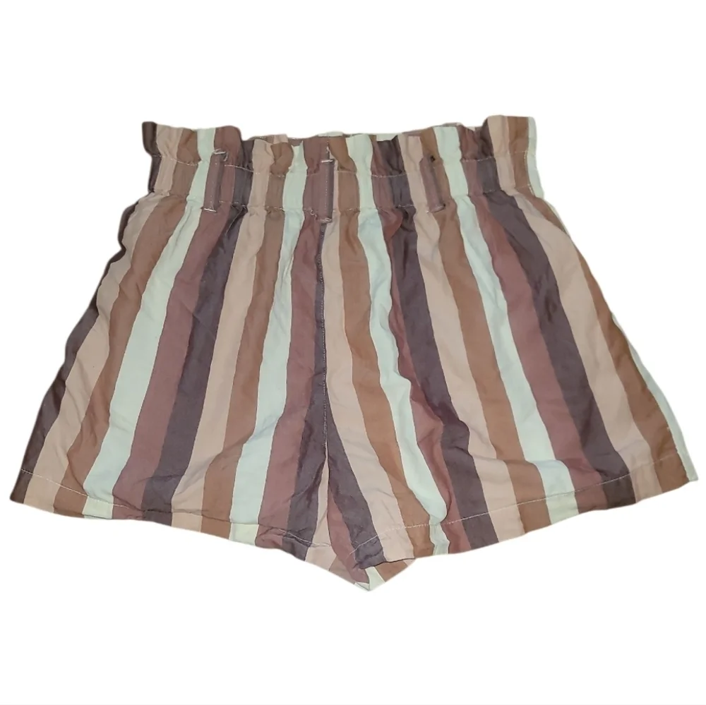 Madewell Blush tan Ivory viscose cotton linen striped paper bag waist shorts 4 - Picture 6 of 8